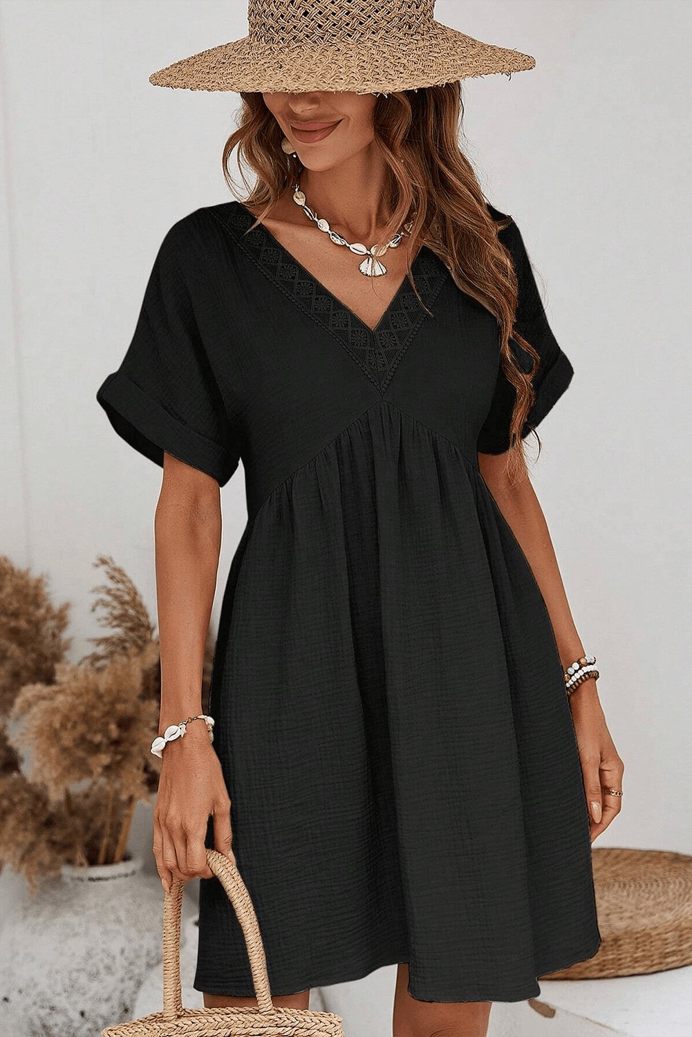 Elegant Black Lace V Neck Mini Dress with Folded Sleeves