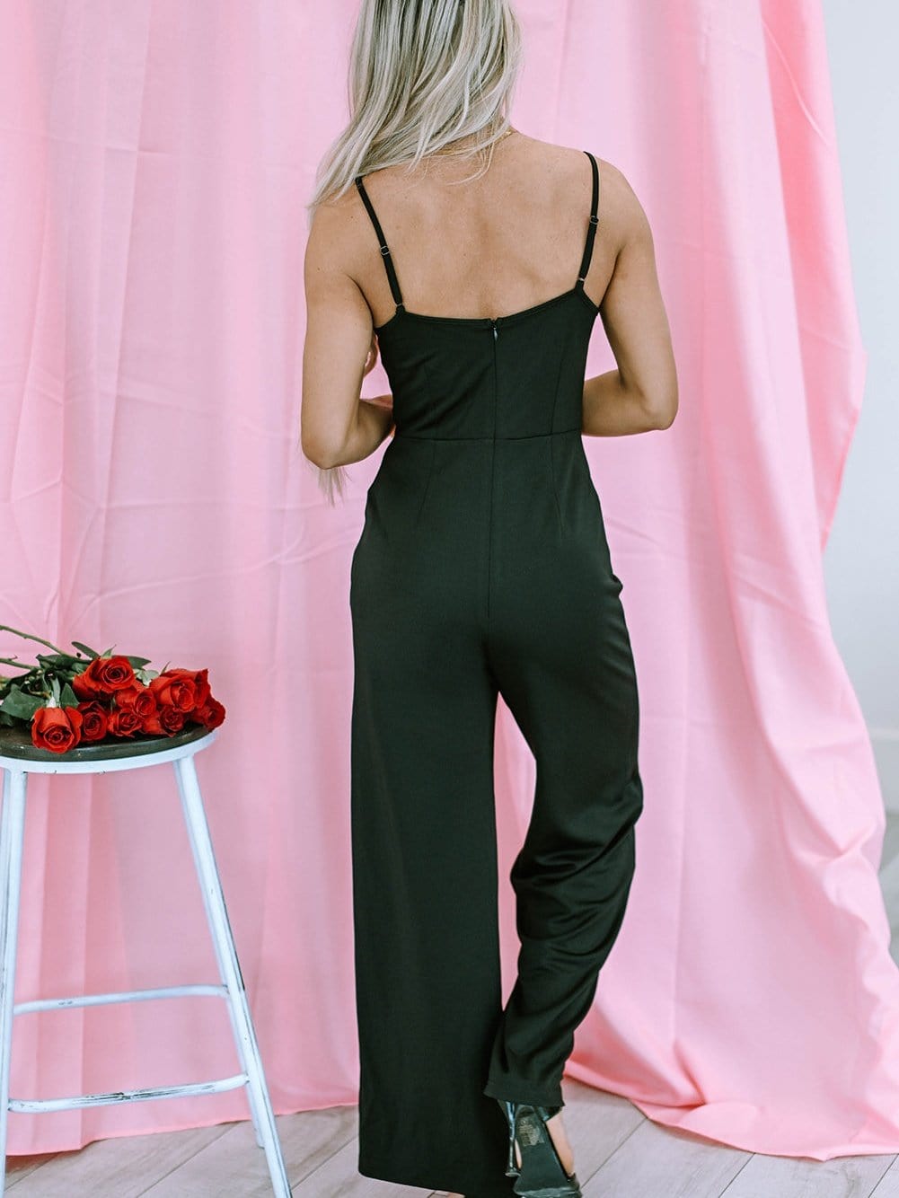 Elegant Black Lace V Neck Wide Leg Jumpsuit with Spaghetti Straps