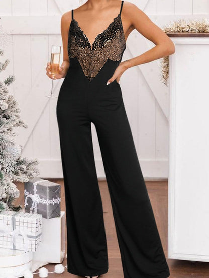 Elegant Black Lace V Neck Wide Leg Jumpsuit with Spaghetti Straps