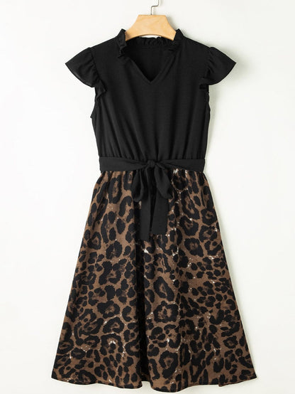 Elegant Black Leopard Print Flare Dress with Flutter Sleeves
