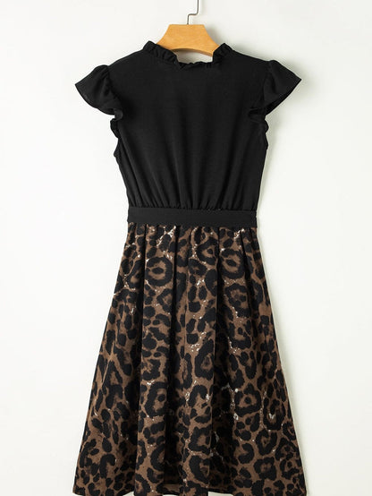 Elegant Black Leopard Print Flare Dress with Flutter Sleeves