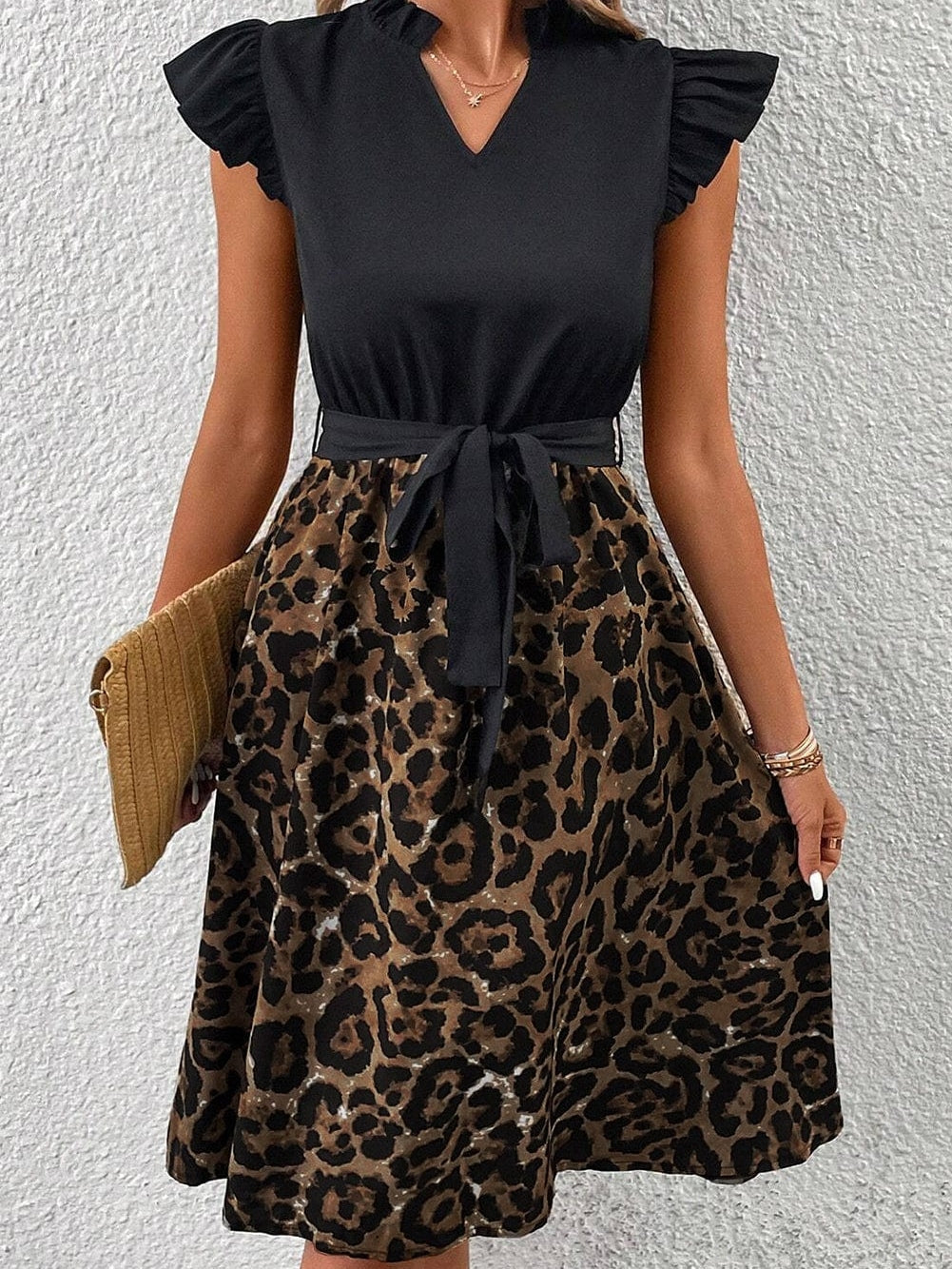 Elegant Black Leopard Print Flare Dress with Flutter Sleeves