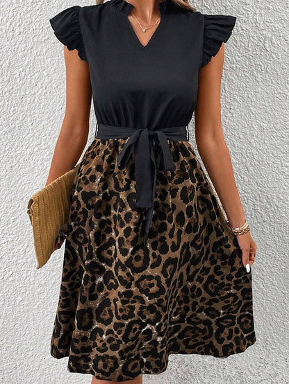 Elegant Black Leopard Print Flare Dress with Flutter Sleeves