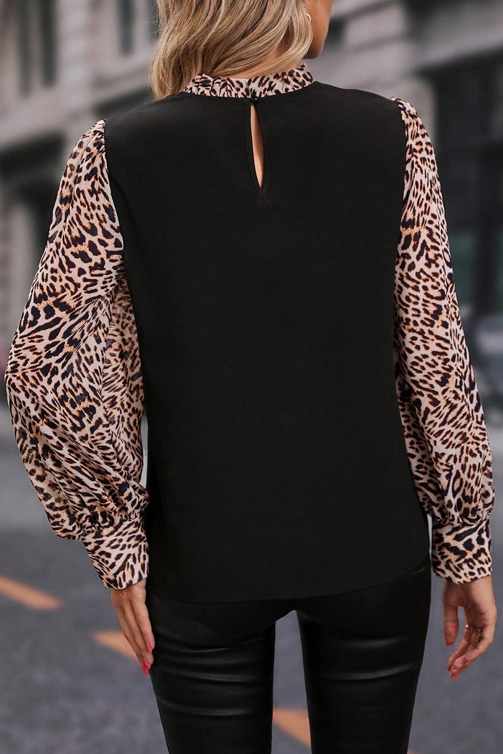 Elegant Black Leopard Print Lantern Sleeve Top