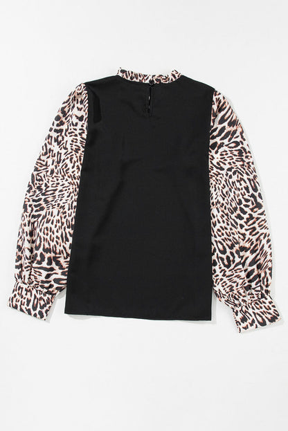 Elegant Black Leopard Print Lantern Sleeve Top