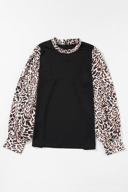 Elegant Black Leopard Print Lantern Sleeve Top