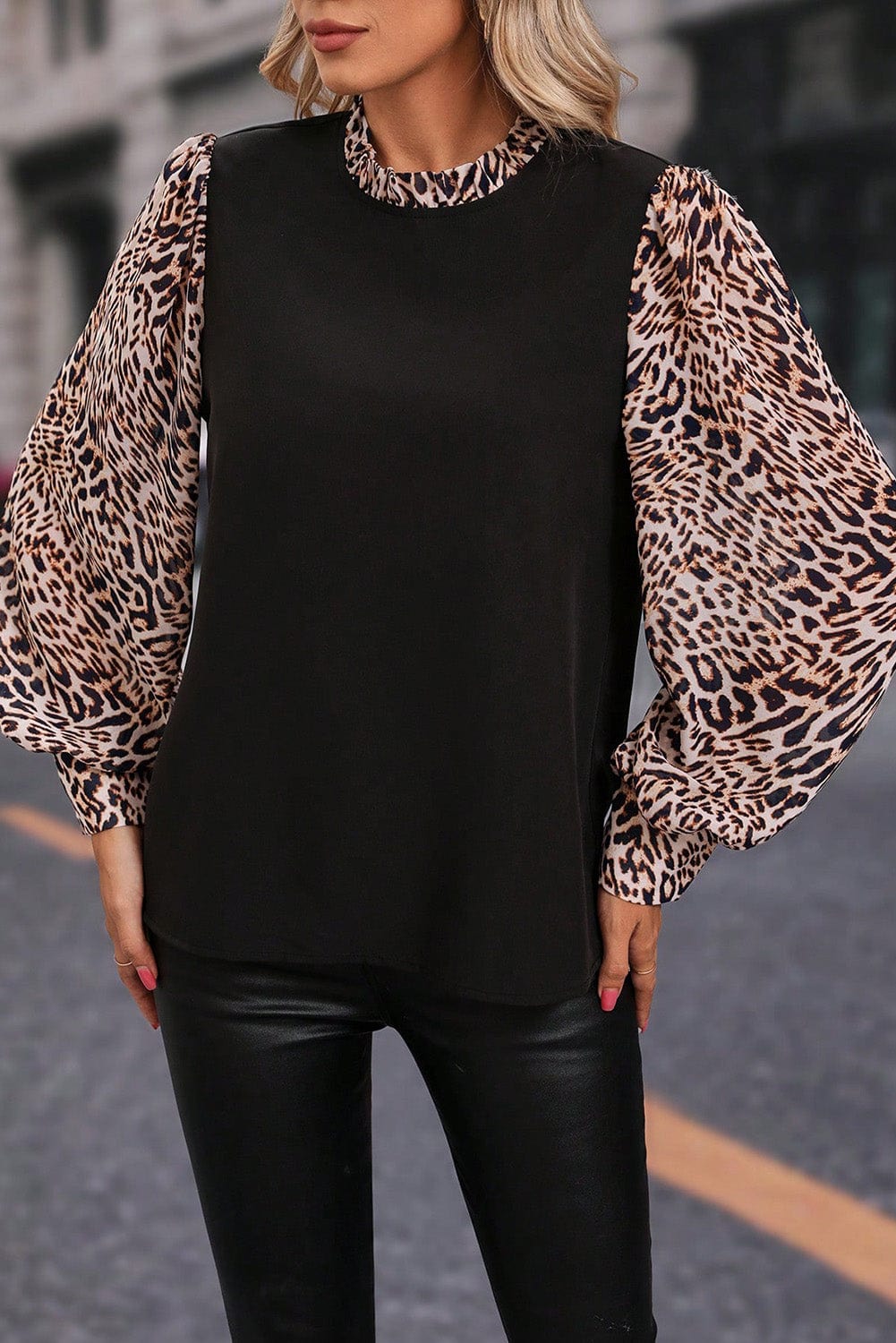Elegant Black Leopard Print Lantern Sleeve Top