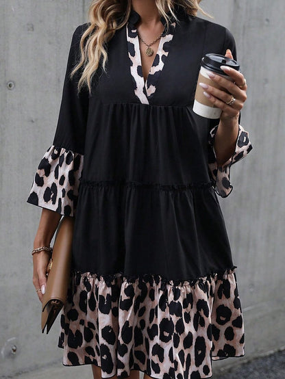 Elegant Black Leopard V Neck Ruffled Sleeve Mini Dress