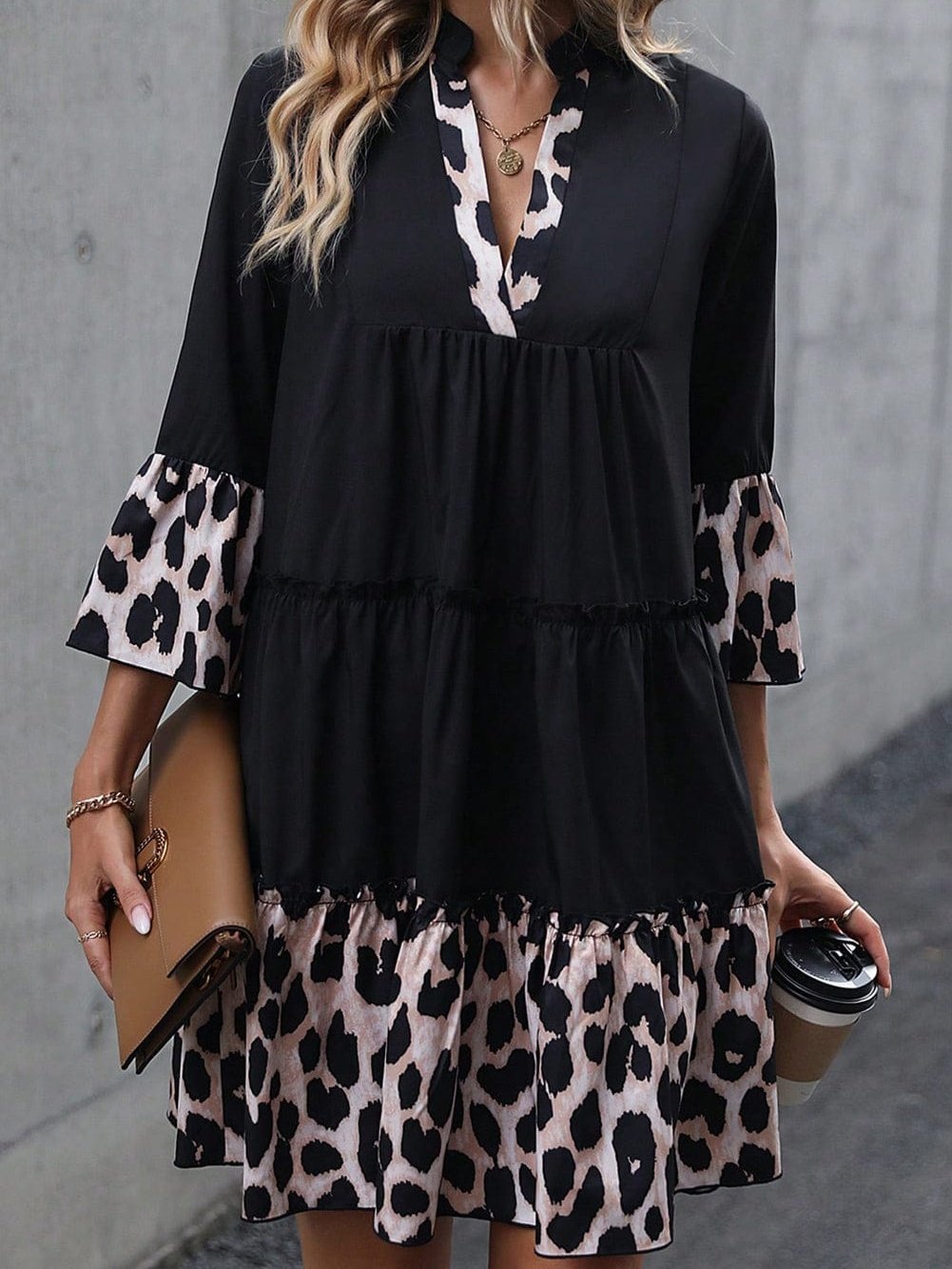Elegant Black Leopard V Neck Ruffled Sleeve Mini Dress