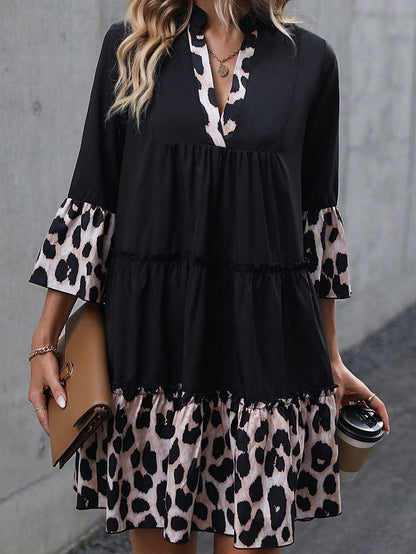 Elegant Black Leopard V Neck Ruffled Sleeve Mini Dress