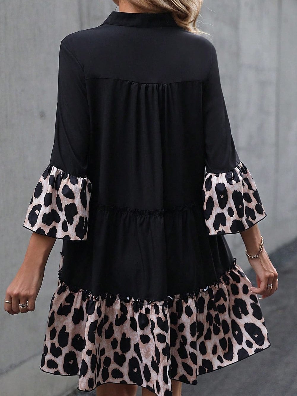 Elegant Black Leopard V Neck Ruffled Sleeve Mini Dress