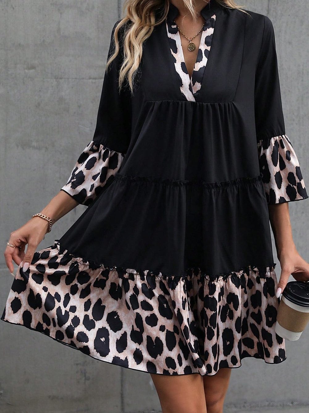 Elegant Black Leopard V Neck Ruffled Sleeve Mini Dress