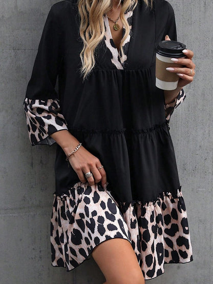 Elegant Black Leopard V Neck Ruffled Sleeve Mini Dress