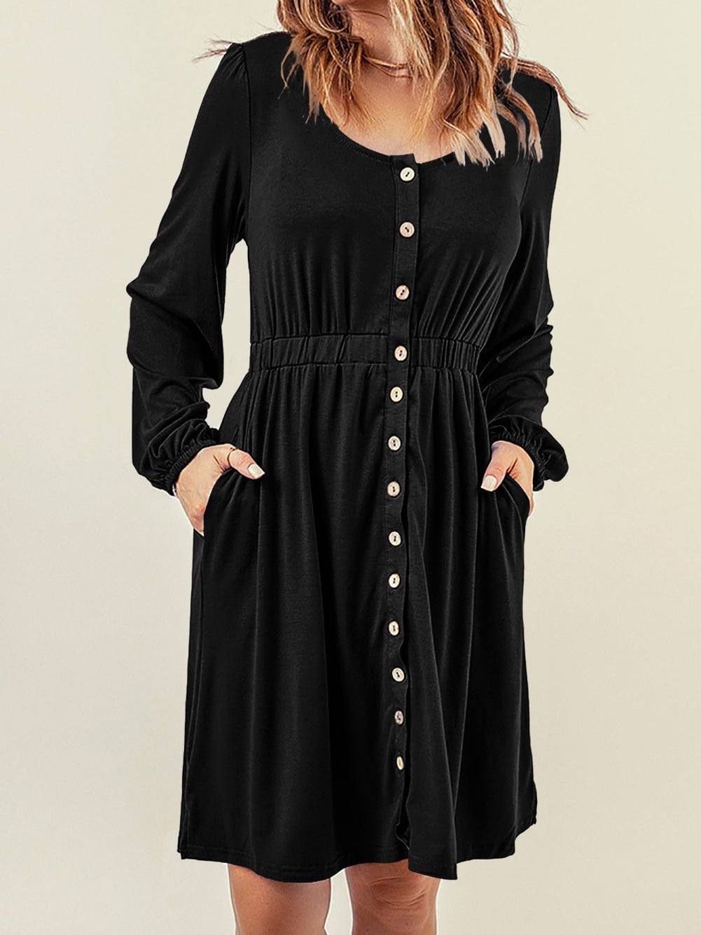 Elegant Black Long Sleeve Dress with Button Detail