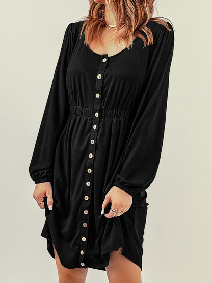 Elegant Black Long Sleeve Dress with Button Detail