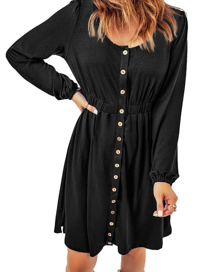 Elegant Black Long Sleeve Dress with Button Detail