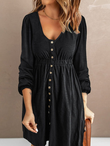 Elegant Black Long Sleeve Dress with Button Detail