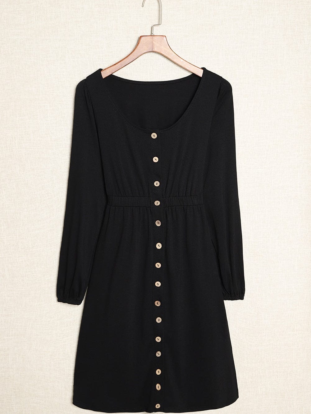 Elegant Black Long Sleeve Dress with Button Detail