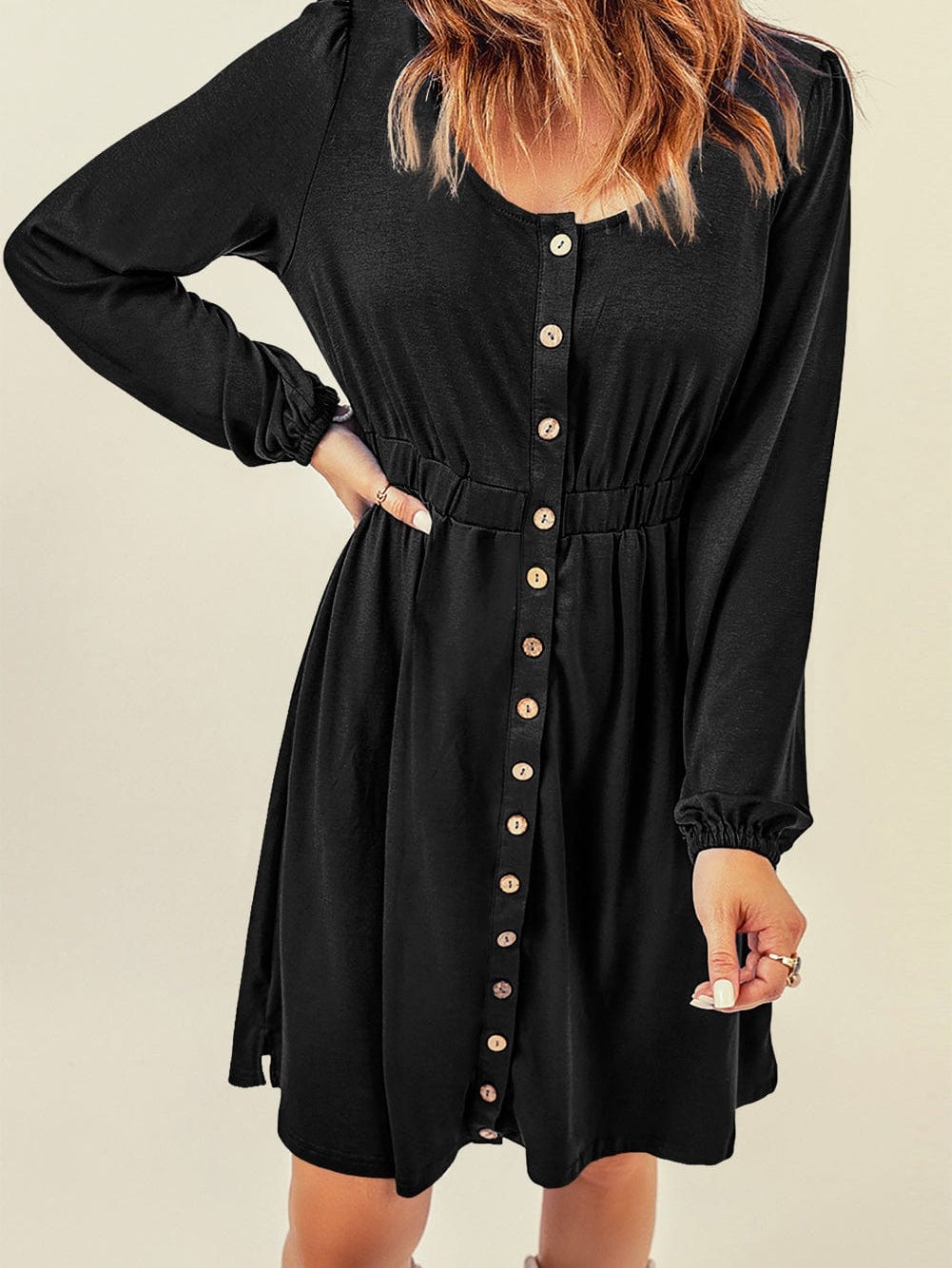 Elegant Black Long Sleeve Dress with Button Detail