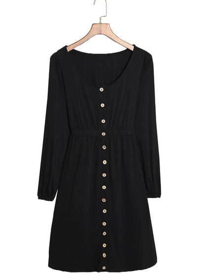 Elegant Black Long Sleeve Dress with Button Detail