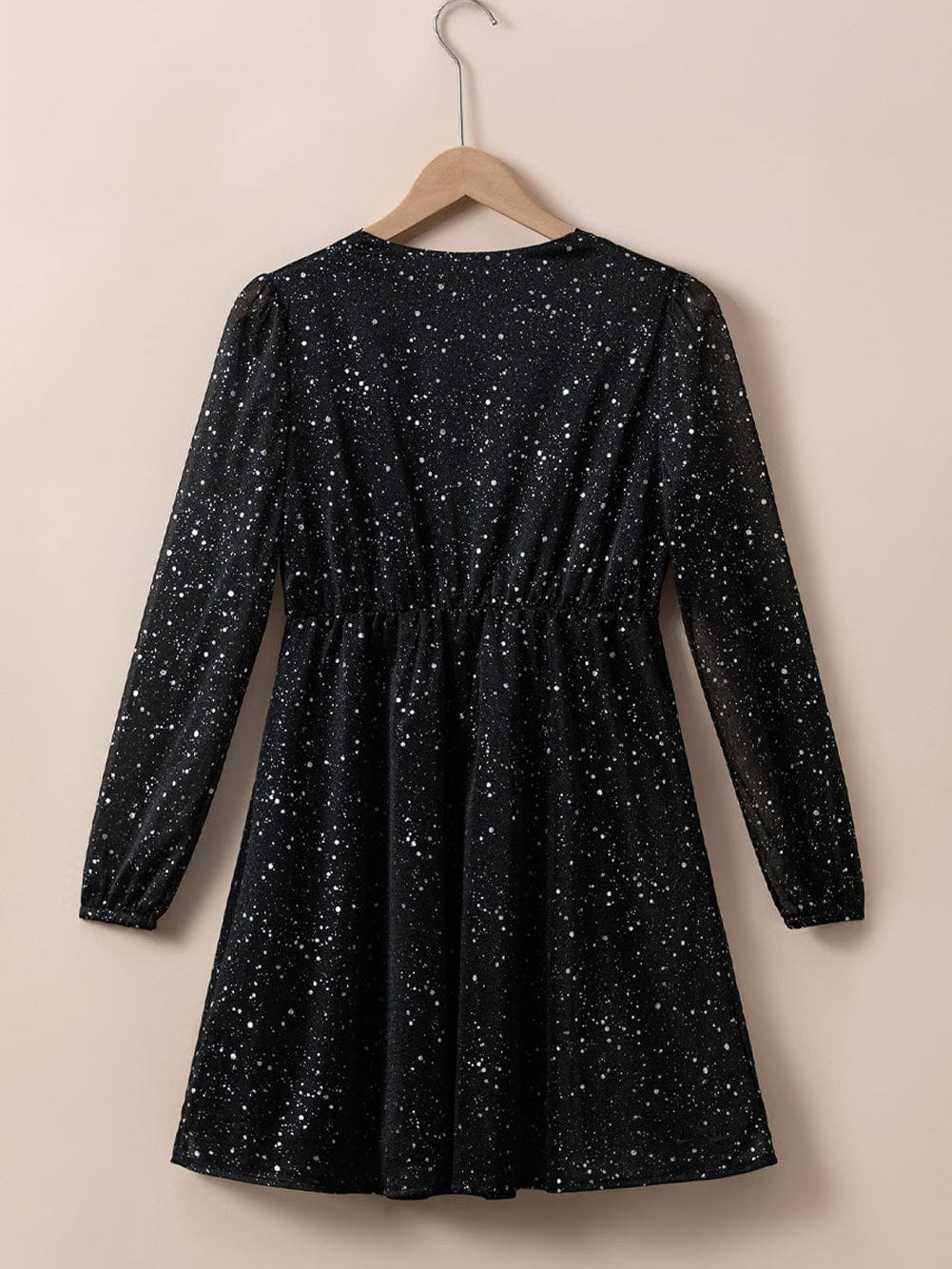 Elegant Black Mesh Overlay V-Neck Long Sleeve Dress with Glitter Accents