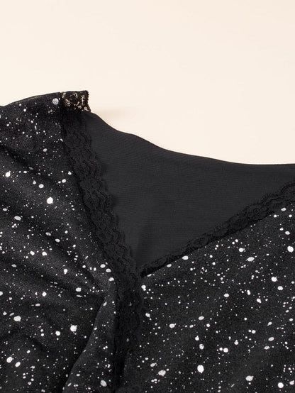 Elegant Black Mesh Overlay V-Neck Long Sleeve Dress with Glitter Accents