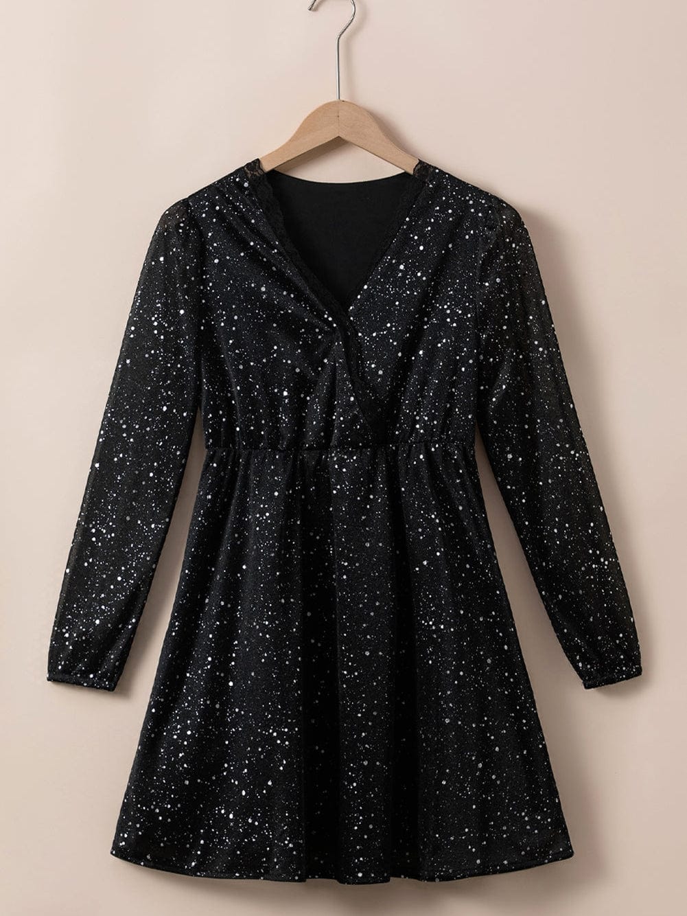 Elegant Black Mesh Overlay V-Neck Long Sleeve Dress with Glitter Accents