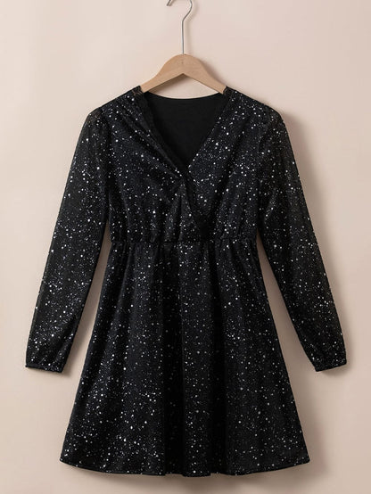 Elegant Black Mesh Overlay V-Neck Long Sleeve Dress with Glitter Accents