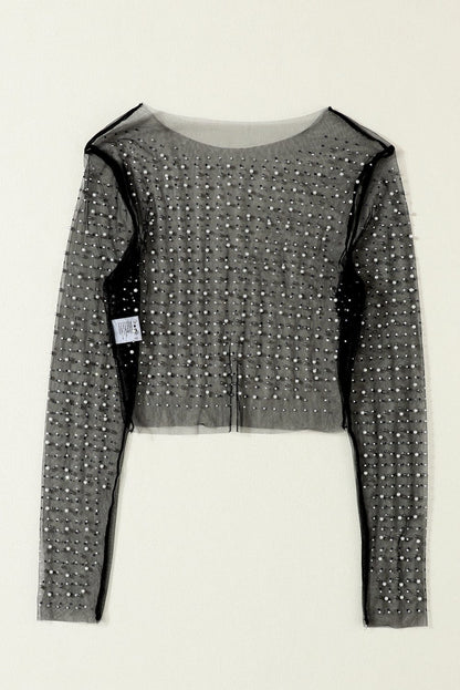 Elegant Black Mesh Sheer Top with Pearl and Rhinestone Embellishments