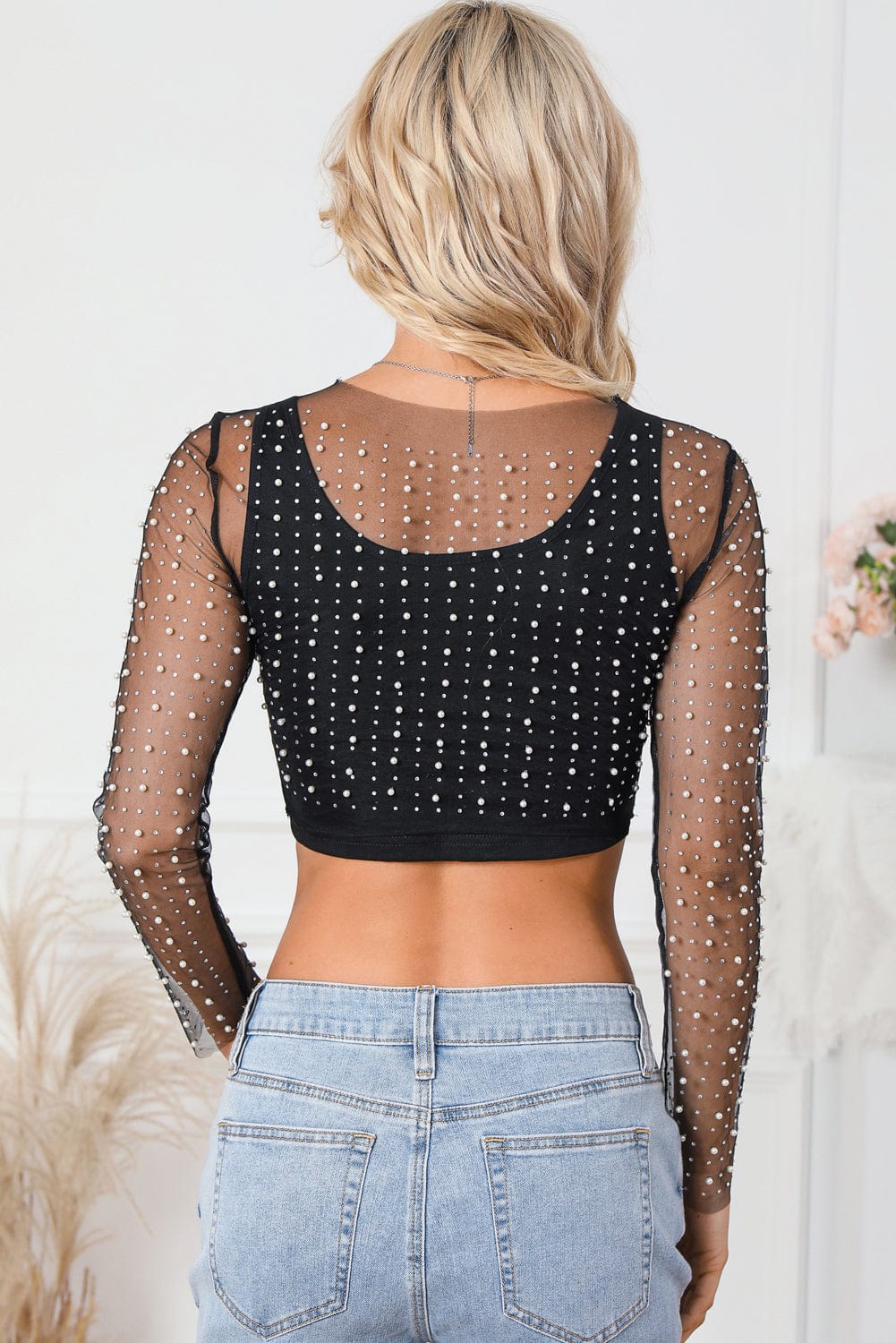 Elegant Black Mesh Sheer Top with Pearl and Rhinestone Embellishments