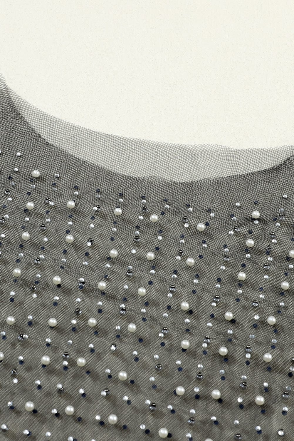 Elegant Black Mesh Sheer Top with Pearl and Rhinestone Embellishments