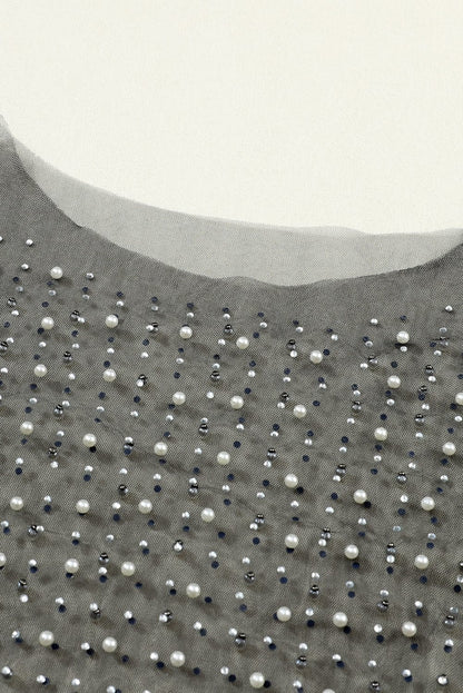 Elegant Black Mesh Sheer Top with Pearl and Rhinestone Embellishments