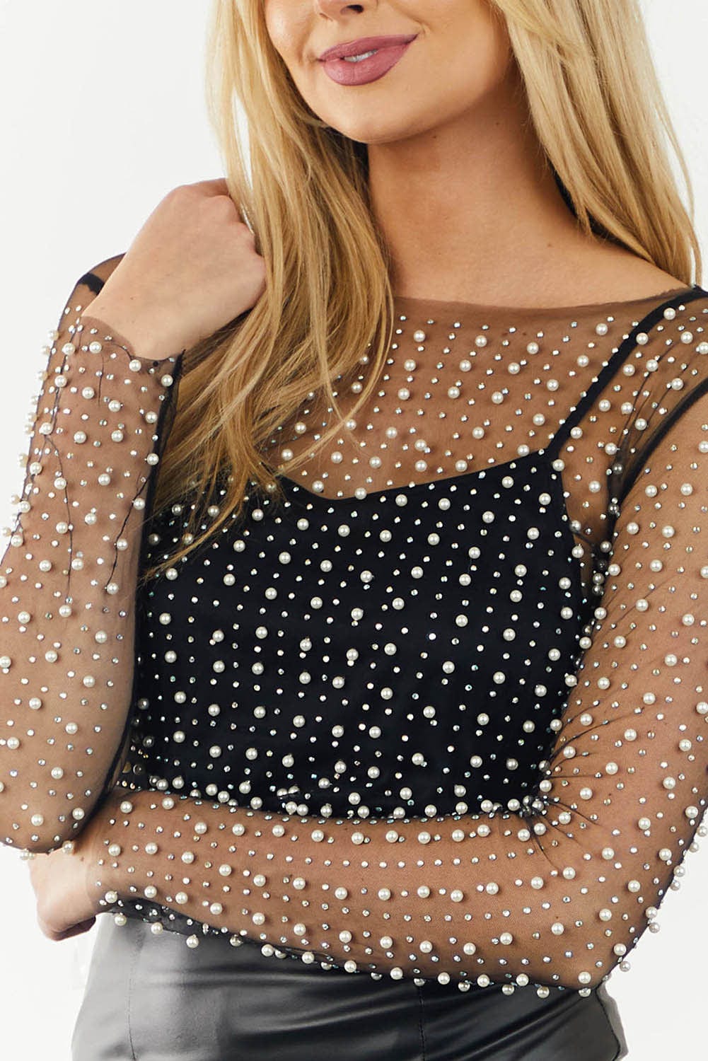 Elegant Black Mesh Sheer Top with Pearl and Rhinestone Embellishments