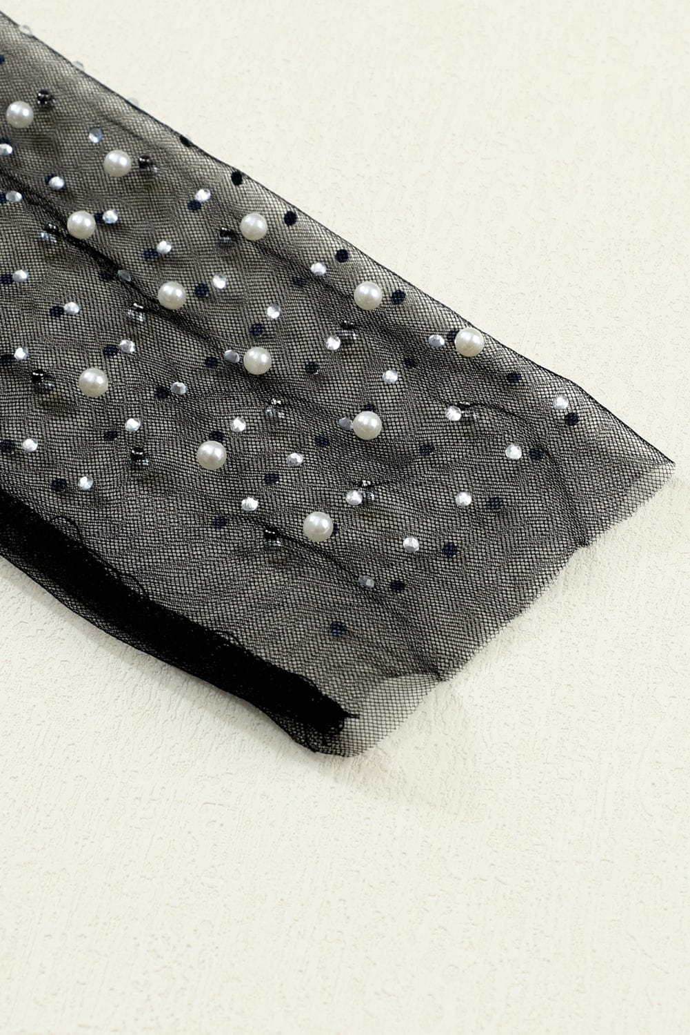 Elegant Black Mesh Sheer Top with Pearl and Rhinestone Embellishments