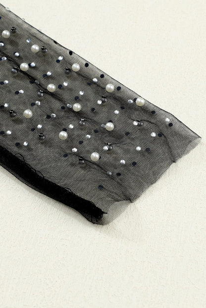 Elegant Black Mesh Sheer Top with Pearl and Rhinestone Embellishments