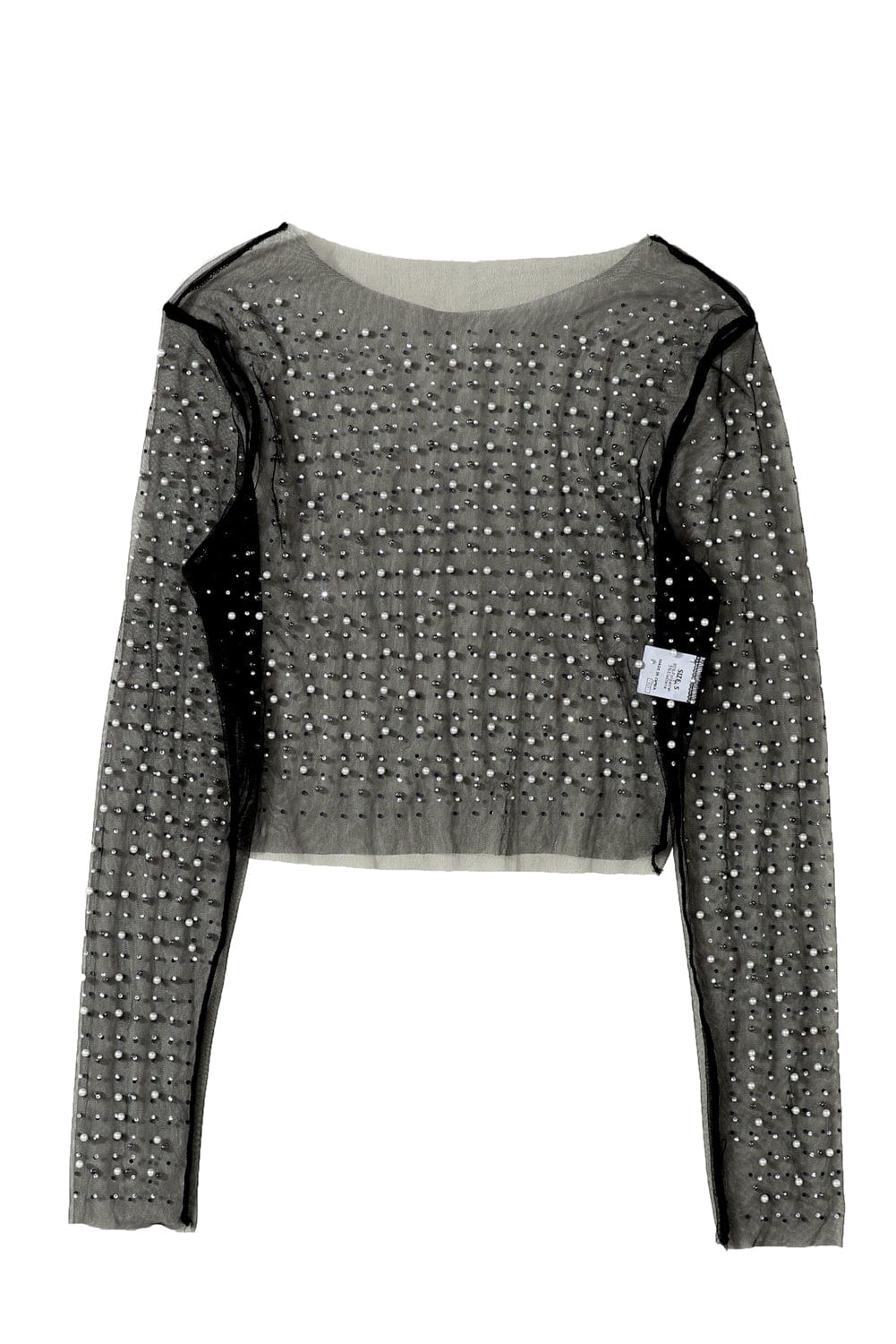Elegant Black Mesh Sheer Top with Pearl and Rhinestone Embellishments