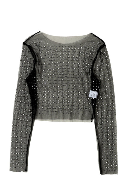 Elegant Black Mesh Sheer Top with Pearl and Rhinestone Embellishments
