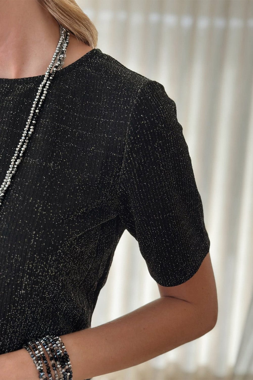 Elegant Black Metallic Twist Mini Dress with Sheath Silhouette