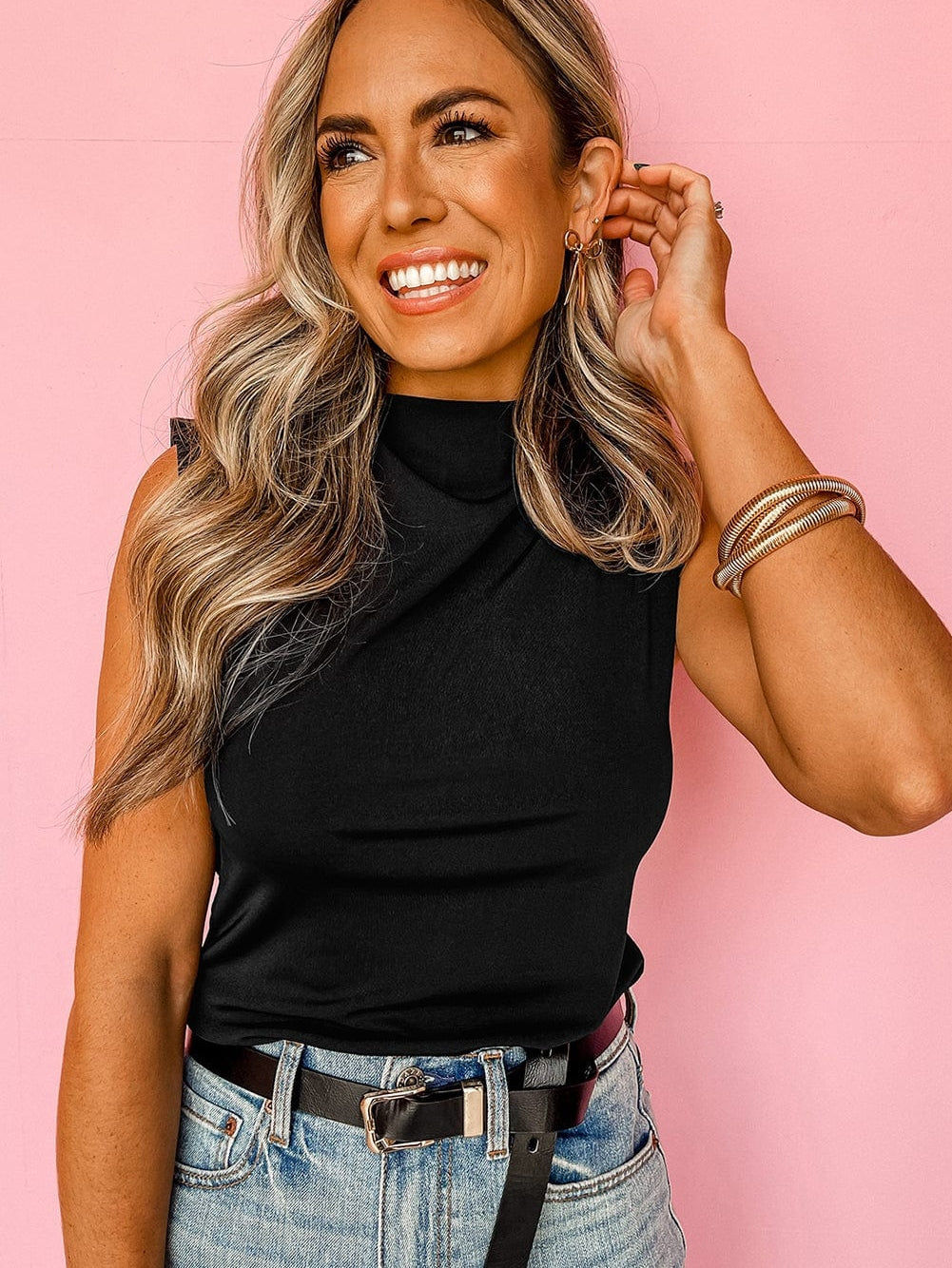 Elegant Black Mock Neck Sleeveless Top