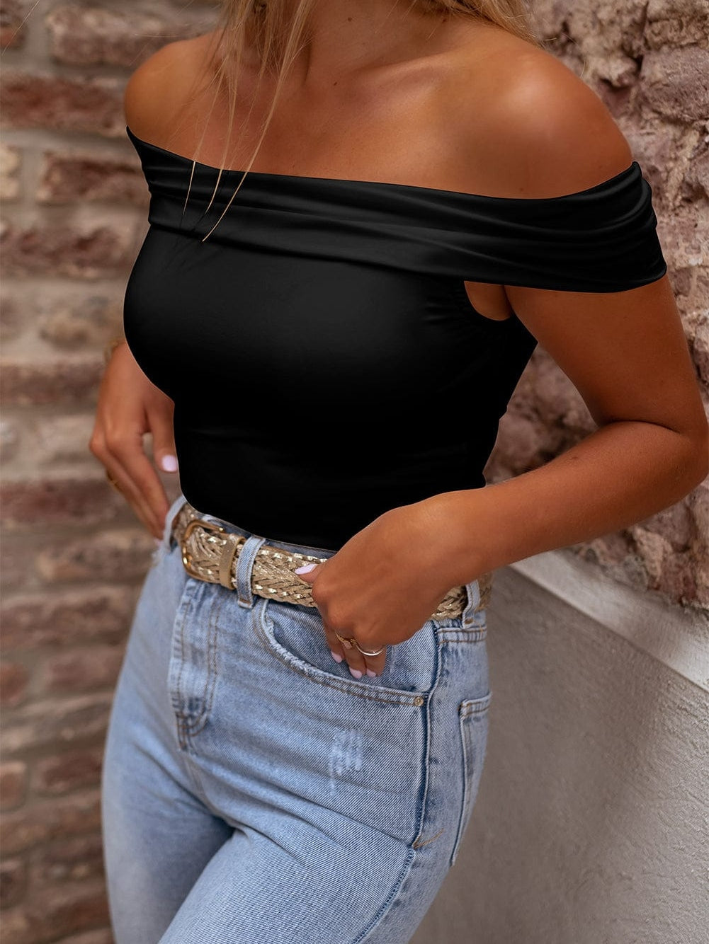 Elegant Black Off-Shoulder Folded Slim Fit Top