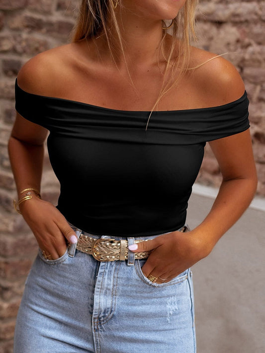 Elegant Black Off-Shoulder Folded Slim Fit Top