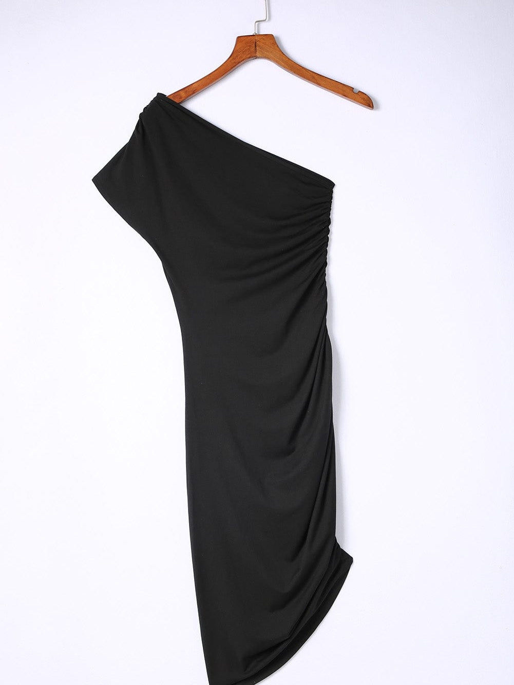 Elegant Black One-shoulder Bodycon Dress with Ruched Detail