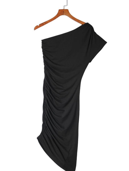 Elegant Black One-shoulder Bodycon Dress with Ruched Detail