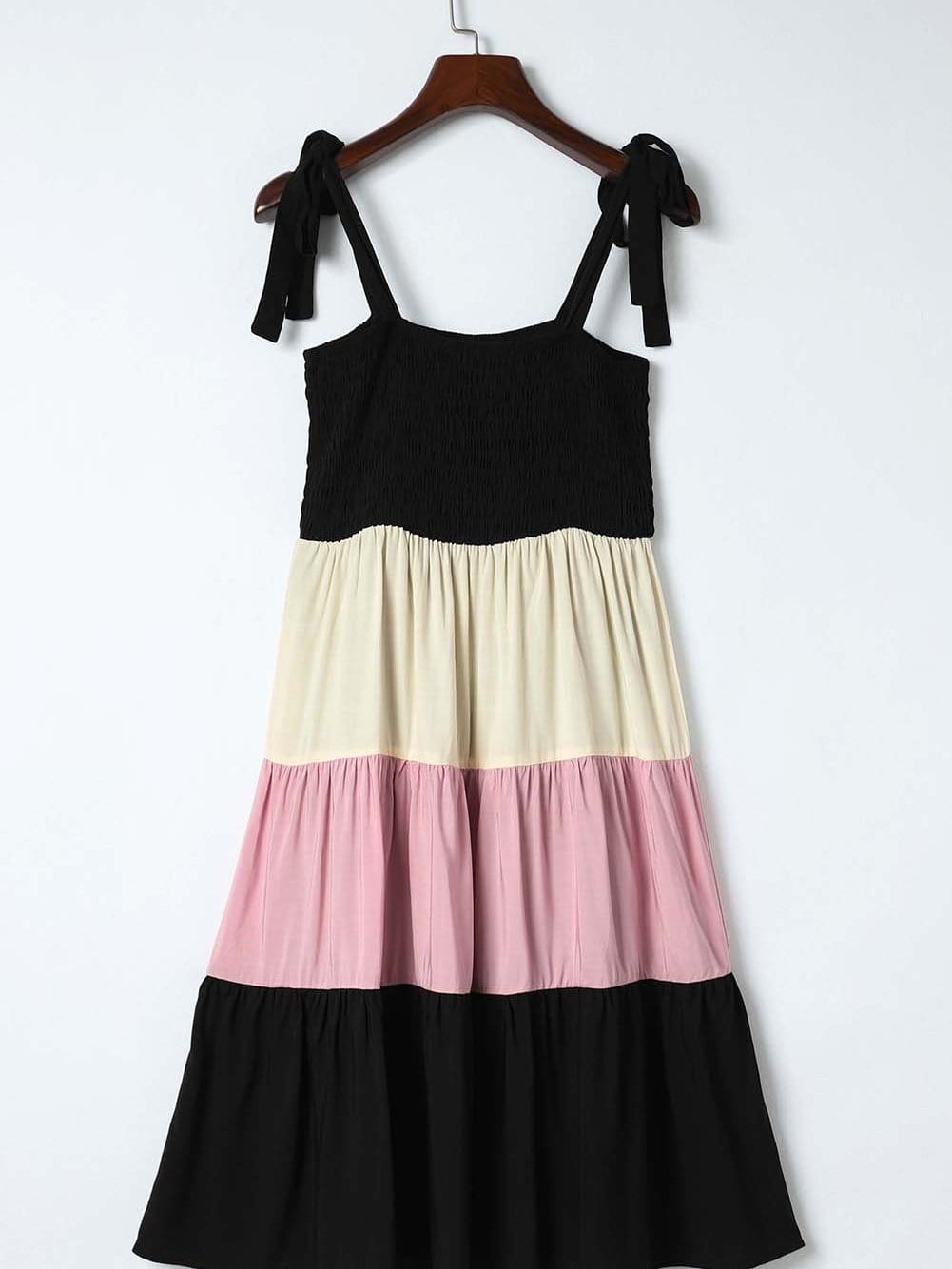 Elegant Black Patchwork Smocked Mini Dress with Color Block Detail