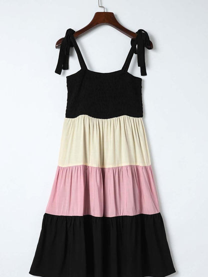 Elegant Black Patchwork Smocked Mini Dress with Color Block Detail