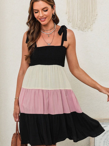 Elegant Black Patchwork Smocked Mini Dress with Color Block Detail