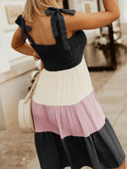 Elegant Black Patchwork Smocked Mini Dress with Color Block Detail