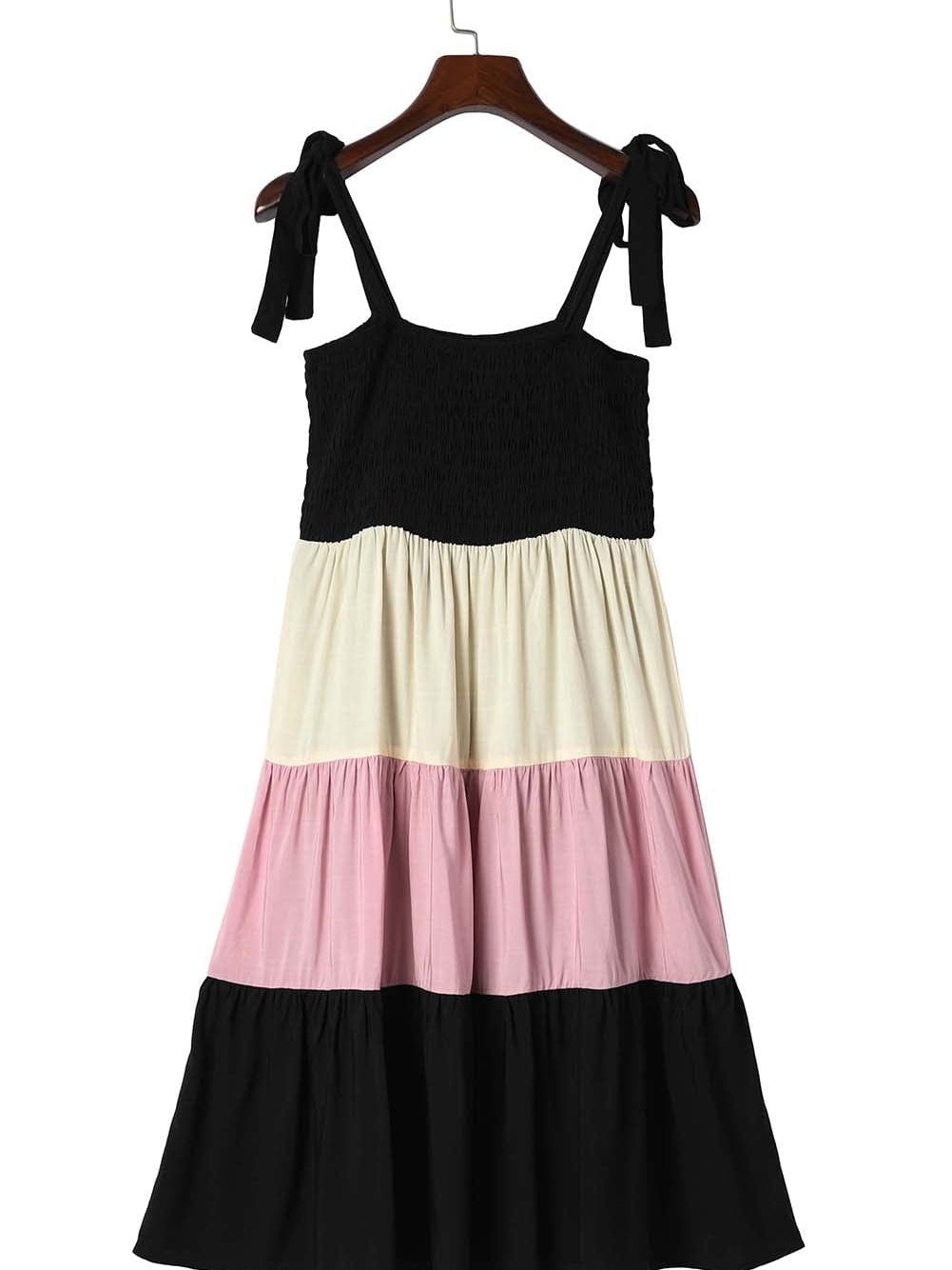 Elegant Black Patchwork Smocked Mini Dress with Color Block Detail