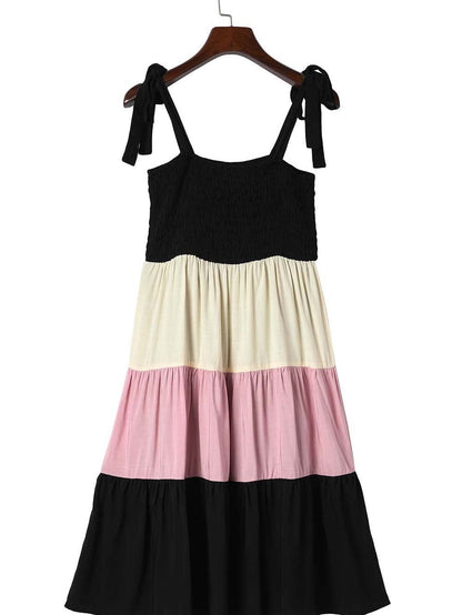 Elegant Black Patchwork Smocked Mini Dress with Color Block Detail