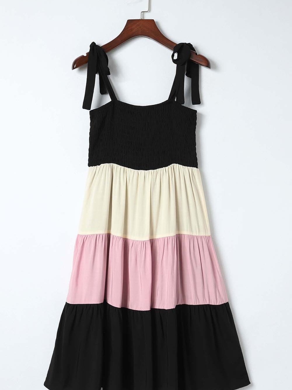 Elegant Black Patchwork Smocked Mini Dress with Color Block Detail